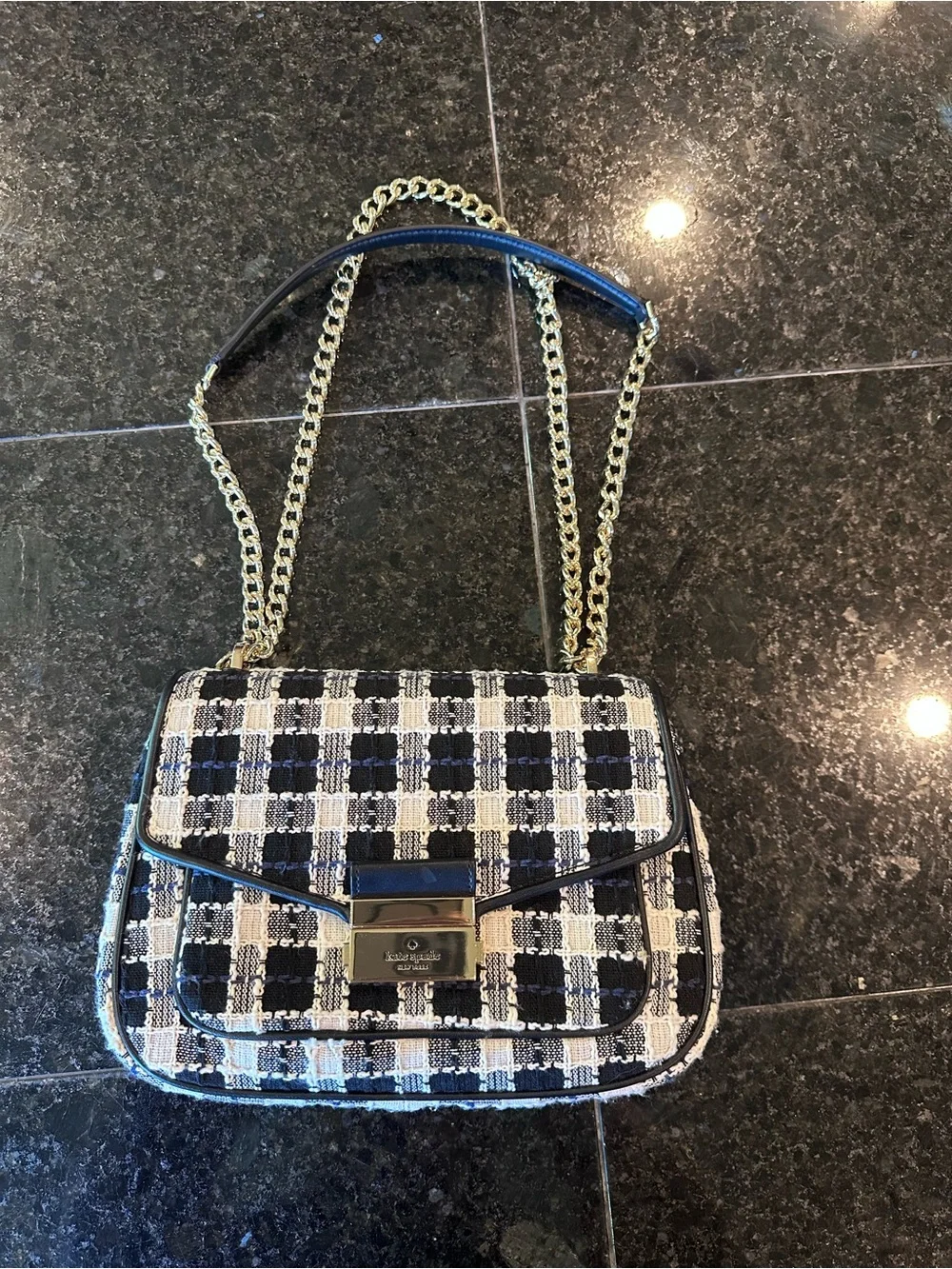 kate spade Black and White Check Tweed Tweed Shoulder Bag with Gold Hardware